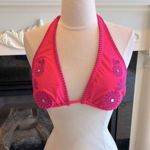 Neon Pink Bikini Swimsuit Top Embroidered Womens Medium